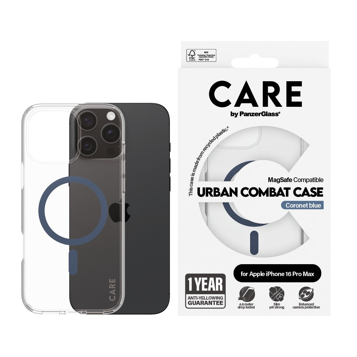 CARE by PanzerGlass® Flagship Case Transparent Urban Combat m. Blau MagSafe iPhone 16 Pro Max